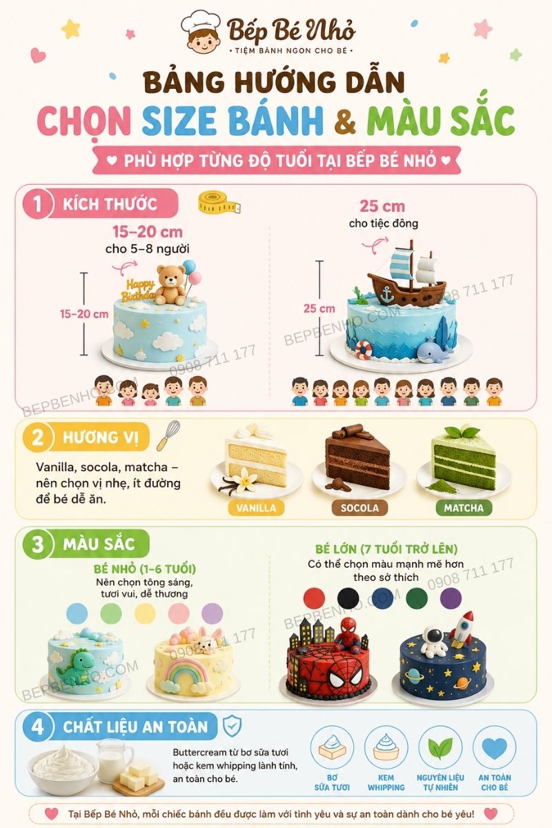 Bảng hướng dẫn chọn size bánh và màu sắc phù hợp từng độ tuổi tại Bếp Bé Nhỏ