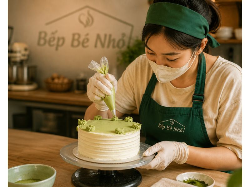Thợ tại Bếp Bé Nhỏ đang trang trí bánh thủ công